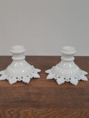 Vintage White Milk Glass Ring & Petal Pattern Candlesticks by Westmoreland Glass